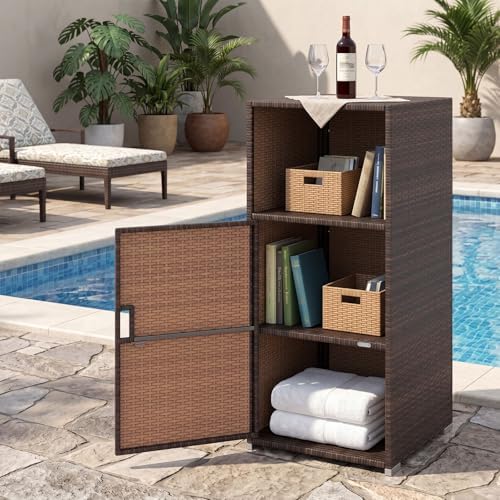 Tangkula Rattan Outdoor Storage Cabinet with 3 Storage Shelves