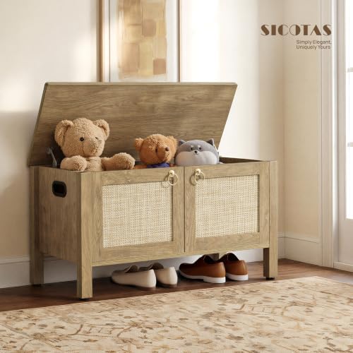 SICOTAS Rattan Storage Bench Boho Storage Chest with 2 Safety Hinges