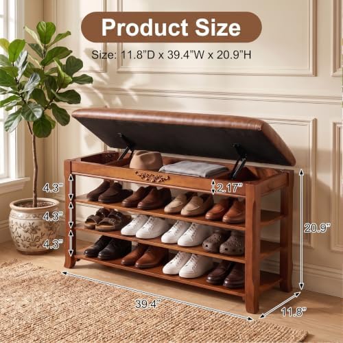 Solid Wood Shoe Rack Bench Entryway Storage with Leather Cushion, 39.4”