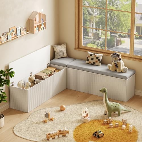 Breakfast Nook Bench, L Shaped Storage Bench with Cushion, White