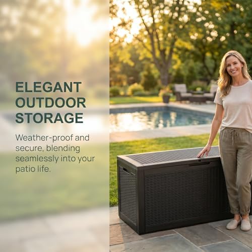 100 Gallon Deck Box, Waterproof Resin Rattan Outdoor Storage Box Lockable for...