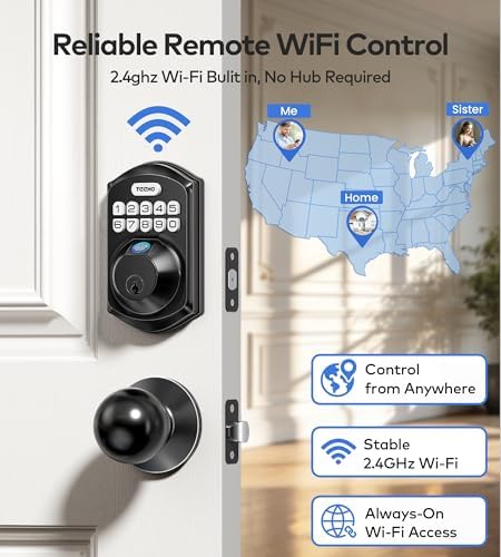 TEEHO TE012W-K WiFi Smart Keyless Entry Door Lock with Knob, Matte Black