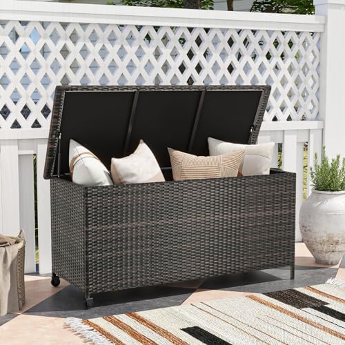 Tangkula Rattan Deck Box, 85 Gallon Storage Container with Waterproof Liner, ...