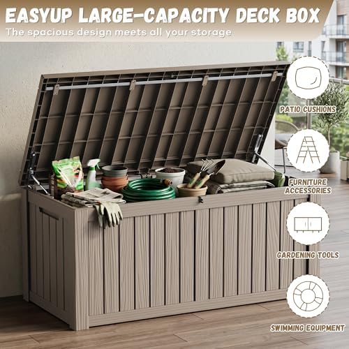 EasyUp 220 Gallon Deck Box Waterproof Lockable Outside Storage Box, Grey