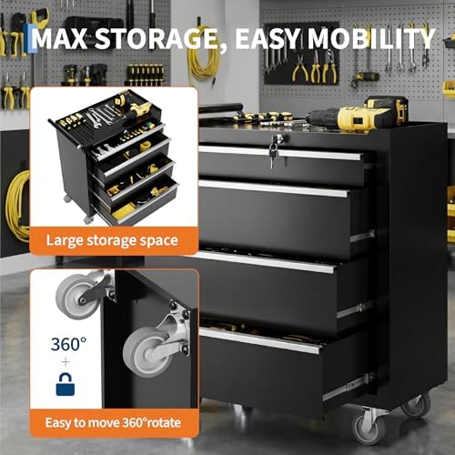 Rolling Tool Chest, 4-Drawer Tool Storage Cabinet, Tool Box with Wheels, Lock...