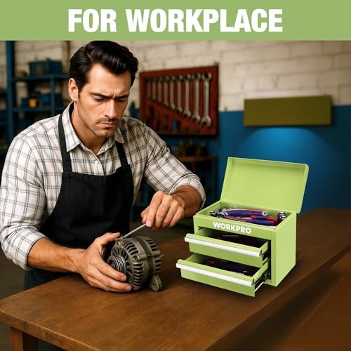 WORKPRO Metal Mini Tool Box with 2 Drawers and Top Storage
