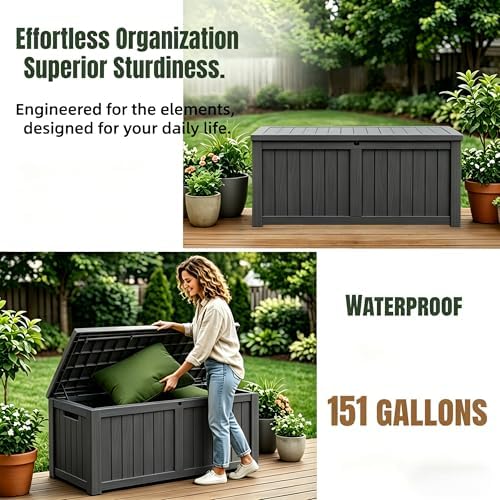 MAKINO 151 Gallon Large Resin Outdoor Storage Box, Waterproof Deck Box, Locka...