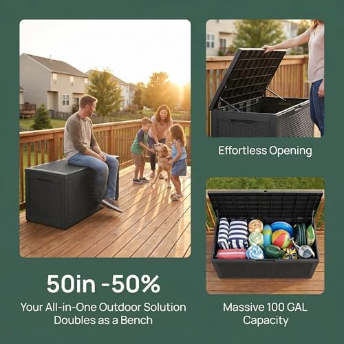 100 Gallon Deck Box, Waterproof Resin Rattan Outdoor Storage Box Lockable for...