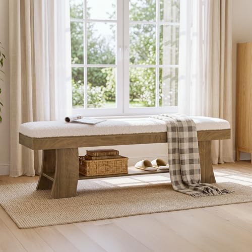 Tribesigns 59-Inch Upholstered Entryway Bench with Storage Shelf, Indoor Cush...