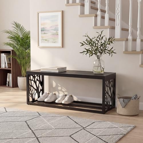 37" Outdoor Storage Bench, HDPE Seat, Steel Frame, Tree