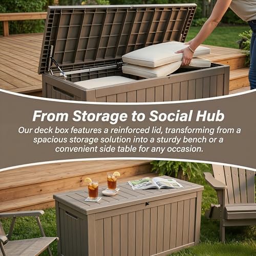 Outdoor Storage Box Resin Deck Box Waterproof Gray Brown 146 Gallon