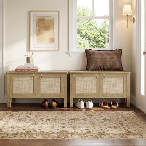 SICOTAS Rattan Storage Bench Boho Storage Chest with 2 Safety Hinges