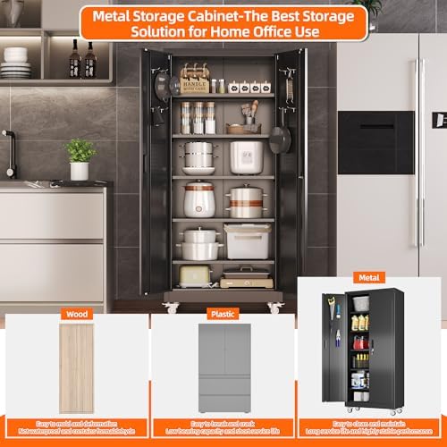 71" Metal Storage Cabinet with Wheels, 5 Adjustable Shelves, Black