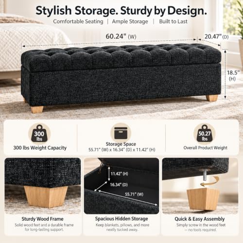 60" Storage Bench, Modern Glam Chenille Ottoman for King Queen Bed, Black