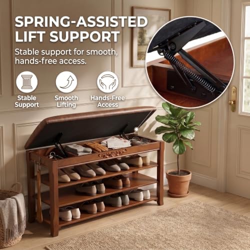 Solid Wood Shoe Rack Bench Entryway Storage with Leather Cushion, 39.4”