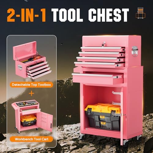 Crownland 5-Drawer Rolling Tool Chest with Wheels, Pink