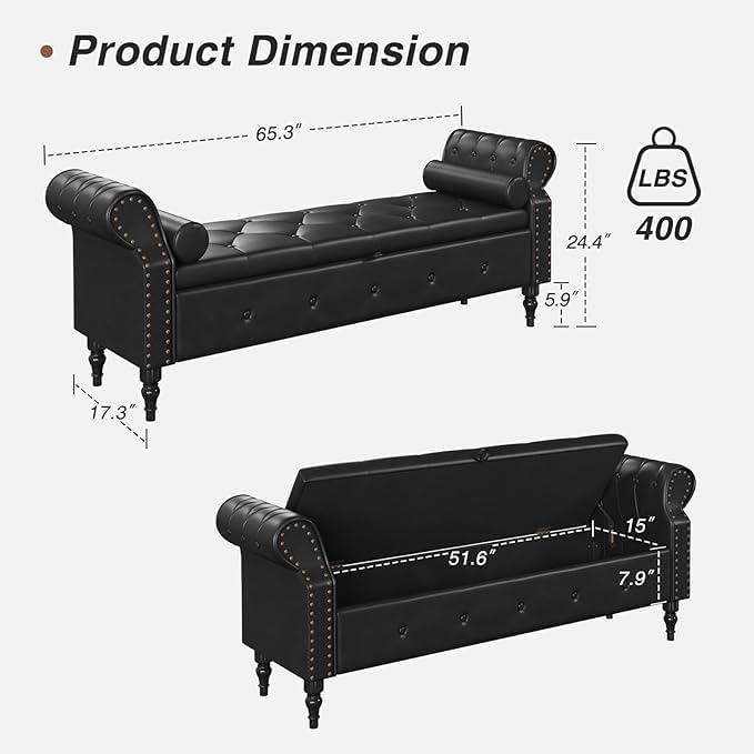 FiveWillowise 65 Inch End of Bed Storage Bench for Bedroom,King Size Bed