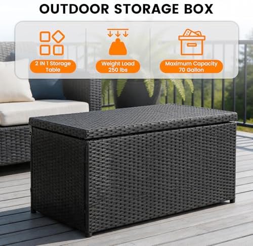 Sundale 70 Gallon Black Rattan Deck Storage Box with Hinged Lid