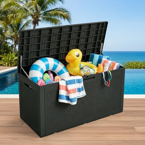 102 Gallon Resin Outdoor Storage Box, Waterproof Deck Box with Lockable Lid, ...