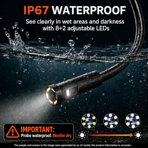 Triple Lens Borescope, 5" IPS Screen, 1080P Photo & Video, 50FT Cable