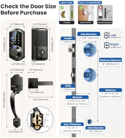 Veise VE07-H Fingerprint Smart Lock for Front Door Handle Set, Matte Black