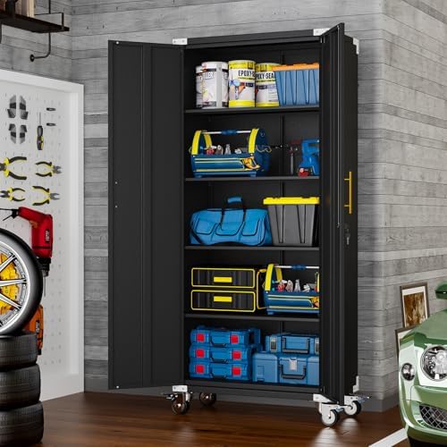 pozdeg 71" Black Tall Lockable Rolling Metal Garage Storage Cabinet ﻿