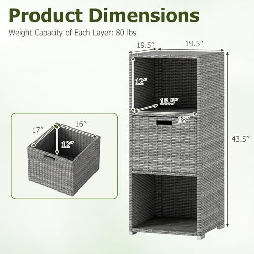HAPPYGRILL Outdoor Storage Cabinet PE Rattan Wicker Storage Shed Organizer wi...