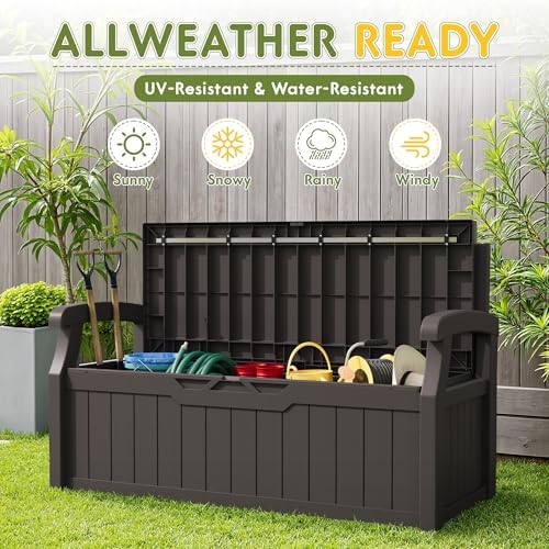 Greesum 80 Gallon Storage Bench Outdoor Deck Box with Armrest, Brown