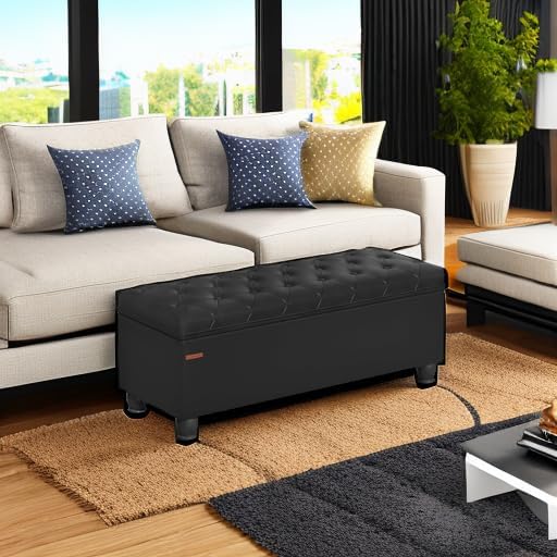 SONGMICS Storage Ottoman, 46.5 Inches Long Bed End Stool, Solid Wood Legs