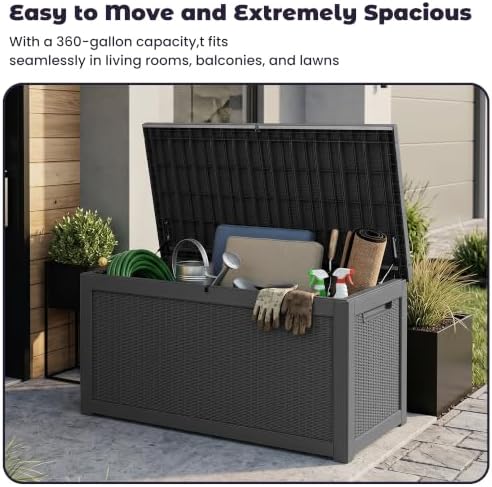 PatioZen Outdoor Storage Box Waterproof Extra Large 360 Gal Lockable, Black