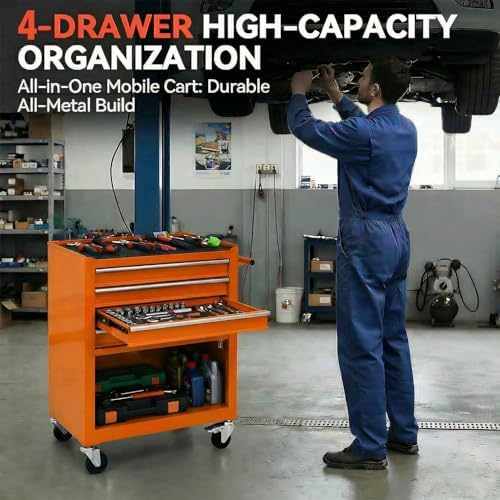 4 Drawers Tool Chest on Wheels, Multifunctional Rolling Tool Cart Tool Storag...