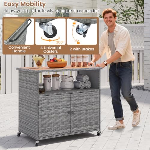 Tangkula Rattan Outdoor Storage Cabinet with 4 Wheels (Mix Grey)