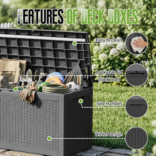 160 Gallon Outdoor Storage Box Waterproof Lockable Deck Box, Black