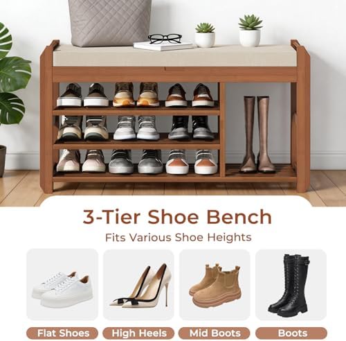 39.4" Entryway Shoe Rack Bench with Cushion, 3-Tier Storage Bench