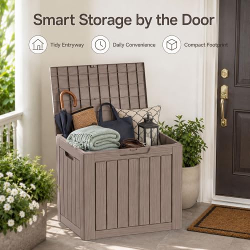 Outdoor Storage Box Resin Deck Box Waterproof Gray Brown 32 Gallon
