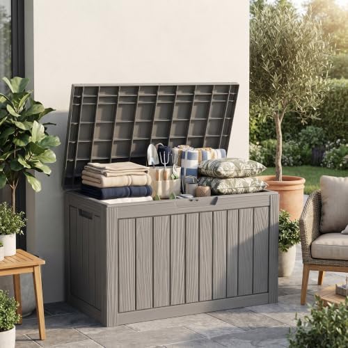 DRATO 60 Gallon Outdoor Storage Box Waterproof, Lockable Deck Box, Grey