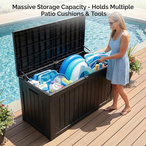 100 Gallon Outdoor Storage Bench - Waterproof Deck Box with Lock, UV Resistan...
