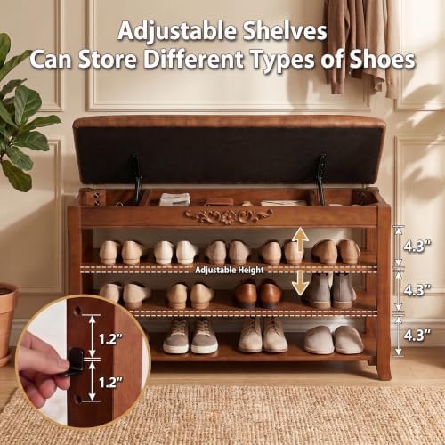 Solid Wood Shoe Rack Bench Entryway Storage with Leather Cushion, 39.4”