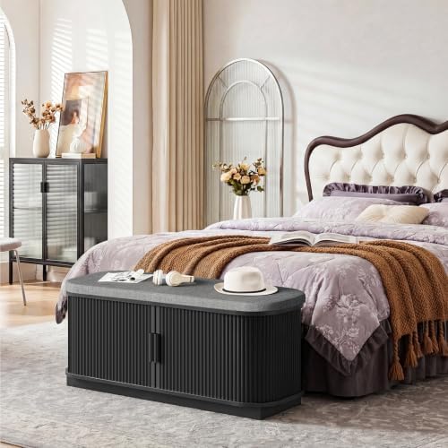 CHOEZON 39.4" Fluted Shoe Storage Bench with Cushion and Sliding Door