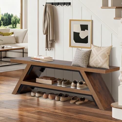2-Tier Shoe Storage Bench, 55" Large Solid Wood Entryway Stool Storage