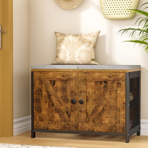 ThreeHio Shoe Bench with Cushion & Doors, Small Entryway Storage Bench