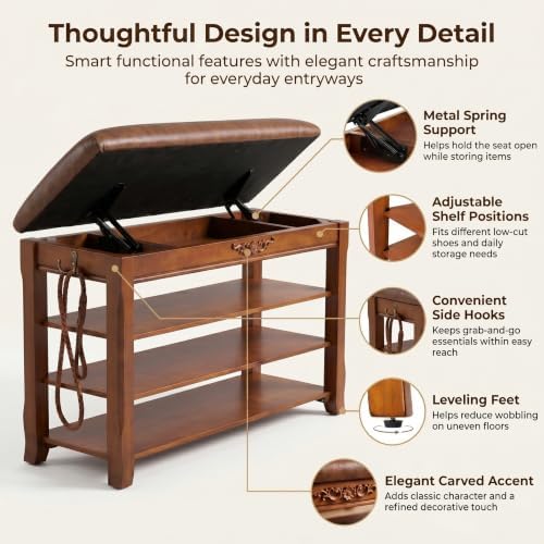 Solid Wood Shoe Rack Bench Entryway Storage with Leather Cushion, 39.4”
