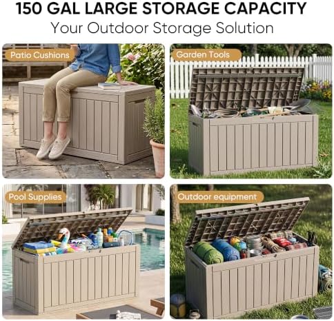 150-Gallon Lockable Deck Boxes, Waterproof Outdoor Storage Box for Patio