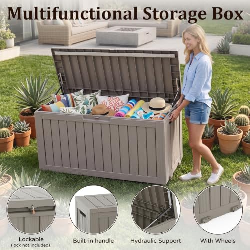 Outdoor Storage Box,100 Gallon Lockable Deck Box with Wheels,Grey