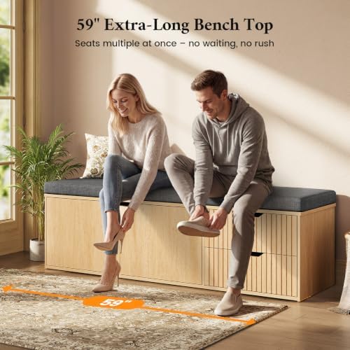 59" Storage Bench with Drawer, 2-Tier Shoe Bench with Storage, Long Entr...
