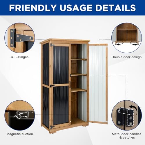 Outdoor Storage Cabinet Wood & Metal with Waterproof Roof, Garden Tool Sh...