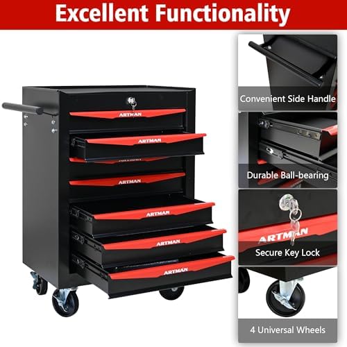 Heavy Duty 7-Drawer Rolling Tool Chest, Key Lock Tool Storage Cabinet with Lo...
