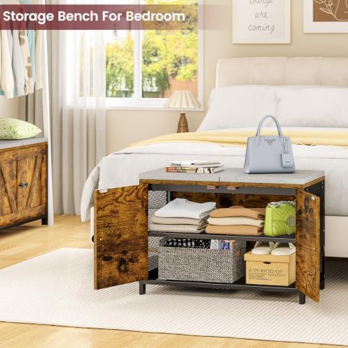 ThreeHio Shoe Bench with Cushion & Doors, Small Entryway Storage Bench