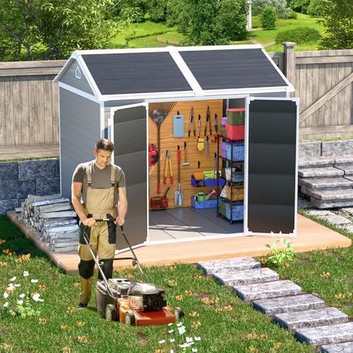 Outdoor Resin Storage Shed 8x6x7 FT with Floor 2 Windows, Reinforced Frame La...