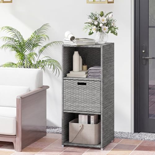 HAPPYGRILL Outdoor Storage Cabinet PE Rattan Wicker Storage Shed Organizer wi...